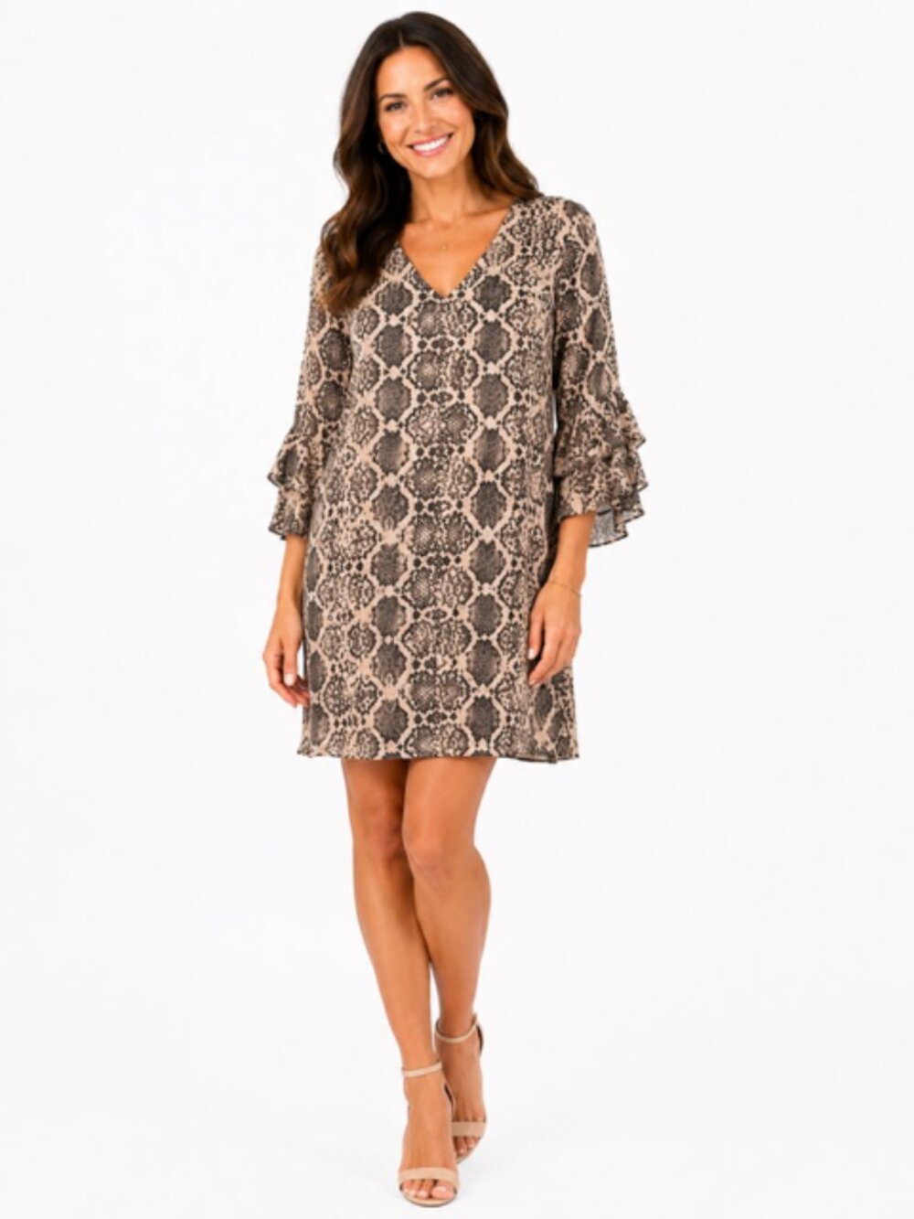 Calvin Klein Size 6 Snakeskin Print Dress Ruffle Sleeve Shift Dress Beige Black